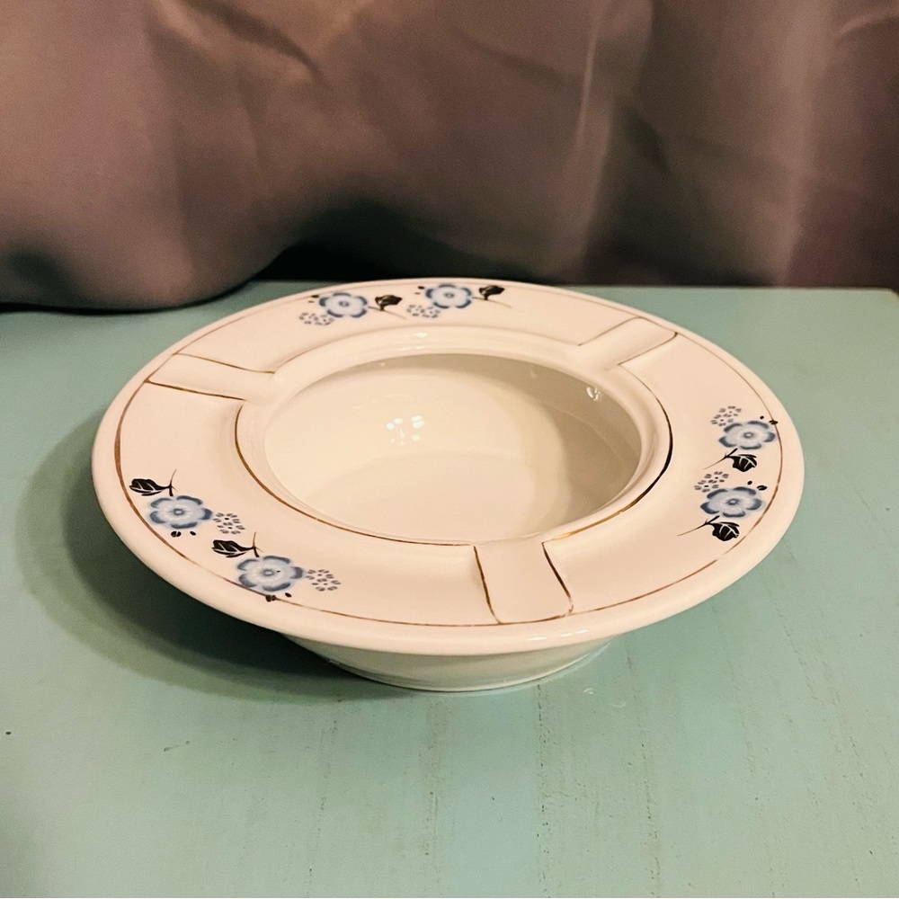 Vtg Ashtray Floral Ceramic Round Gold Trim Blue Letter China